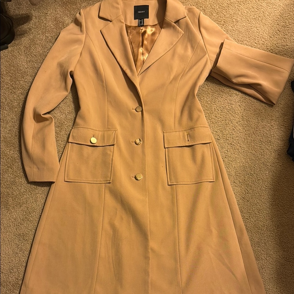 Tan Long Coat with Gold Buttons